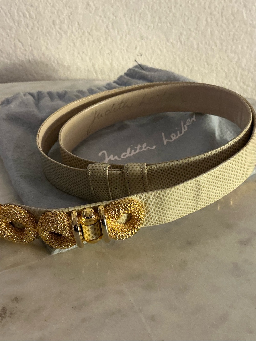 Judith Leiber Cream Leather Belt with Gold Crystal Bow Buckle. Vintage 1980’s